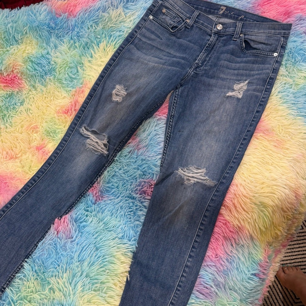 7‎ For All Mankind Womens Distressed Skinny Jeans Blue Medium Wash Size 29